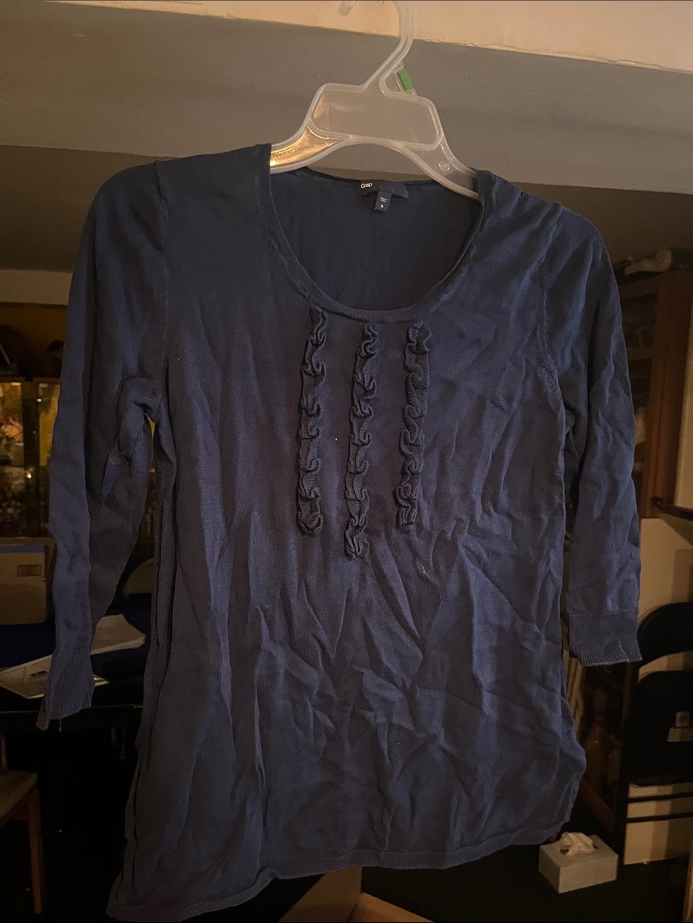 Medium Women’s Navy Ruffle-Front Long Sleeve Top